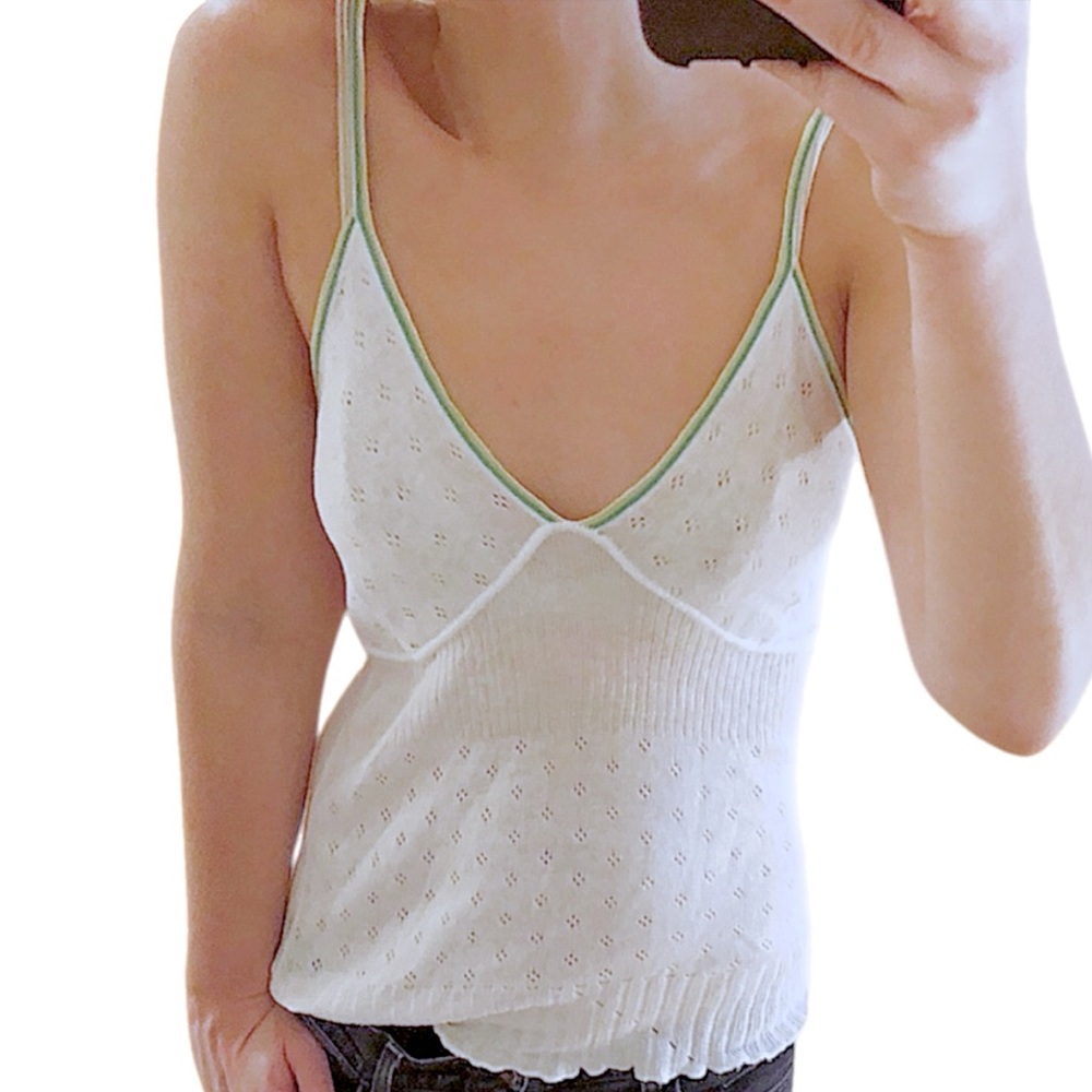 BCBG Y2K White Sporty Sleeveless V-neck Pointelle Knit Spaghetti Strap Tank Top